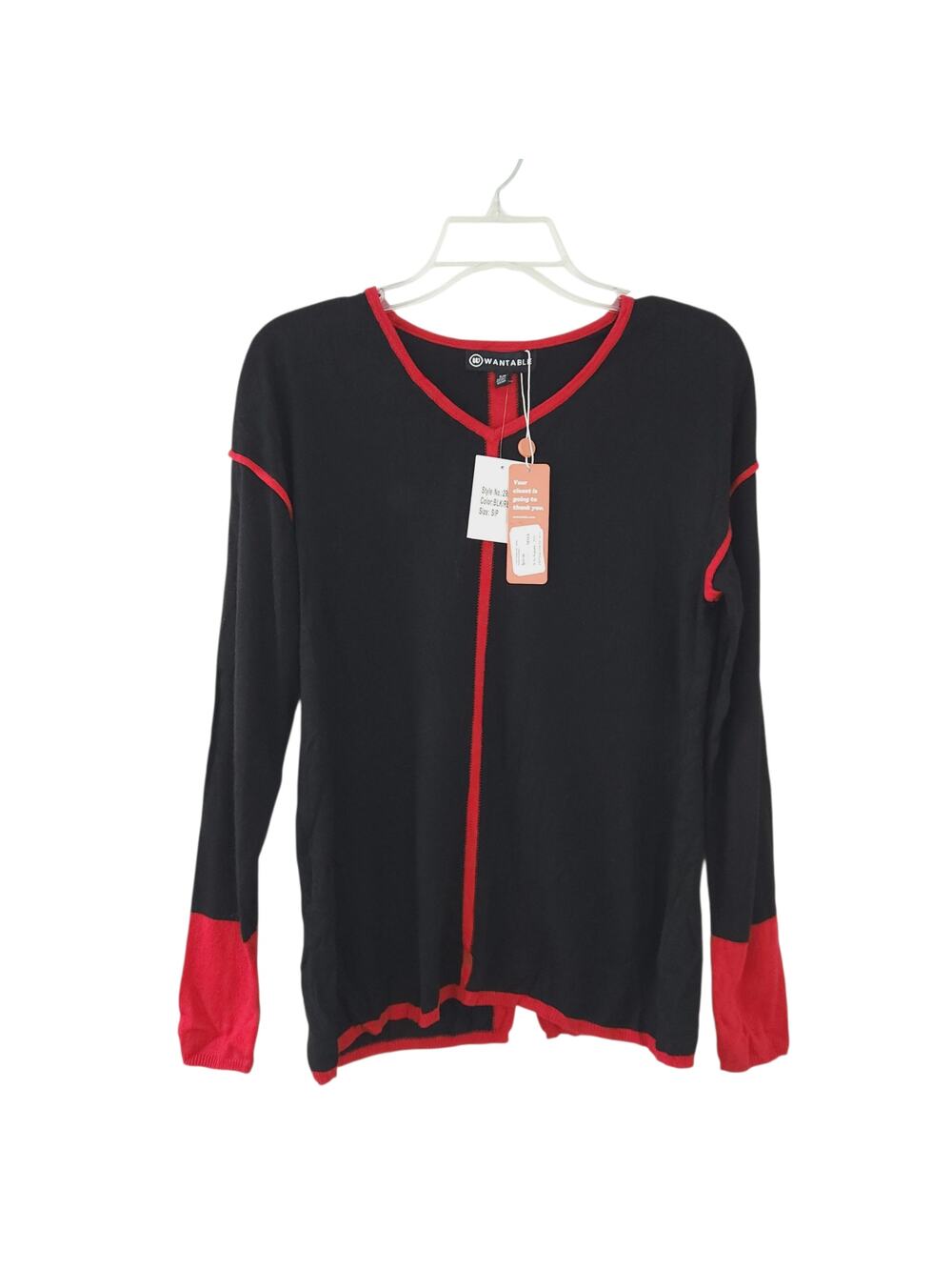 New Wantable Sweater Vneck Small Black with Red Piping Winter Topo